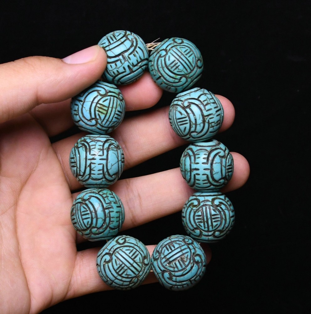 10CM Old Dynasty Natural Turquoise Carved Amulet Chain Bracelet