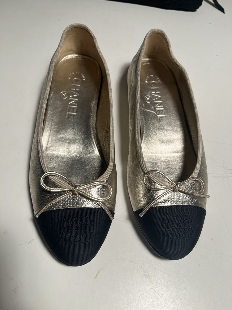 Chanel Light Gold Black Toe Ballet Flats Size 36.5