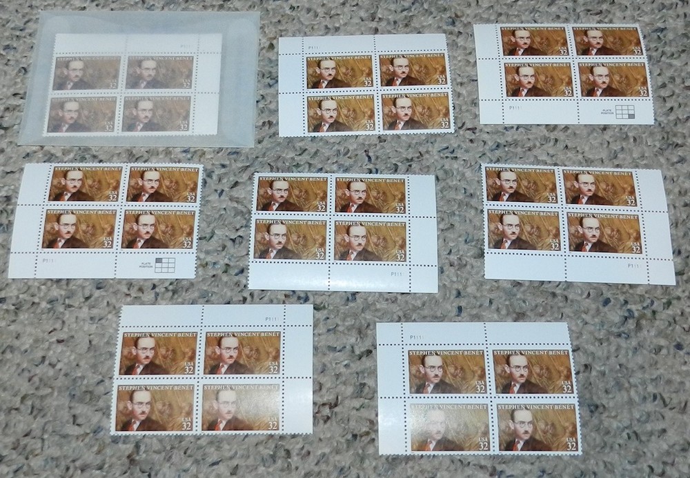 Unused Stamp lot of 8 Scott #3221 Stephen Vincent Benet - 32 cent Plate Blocks