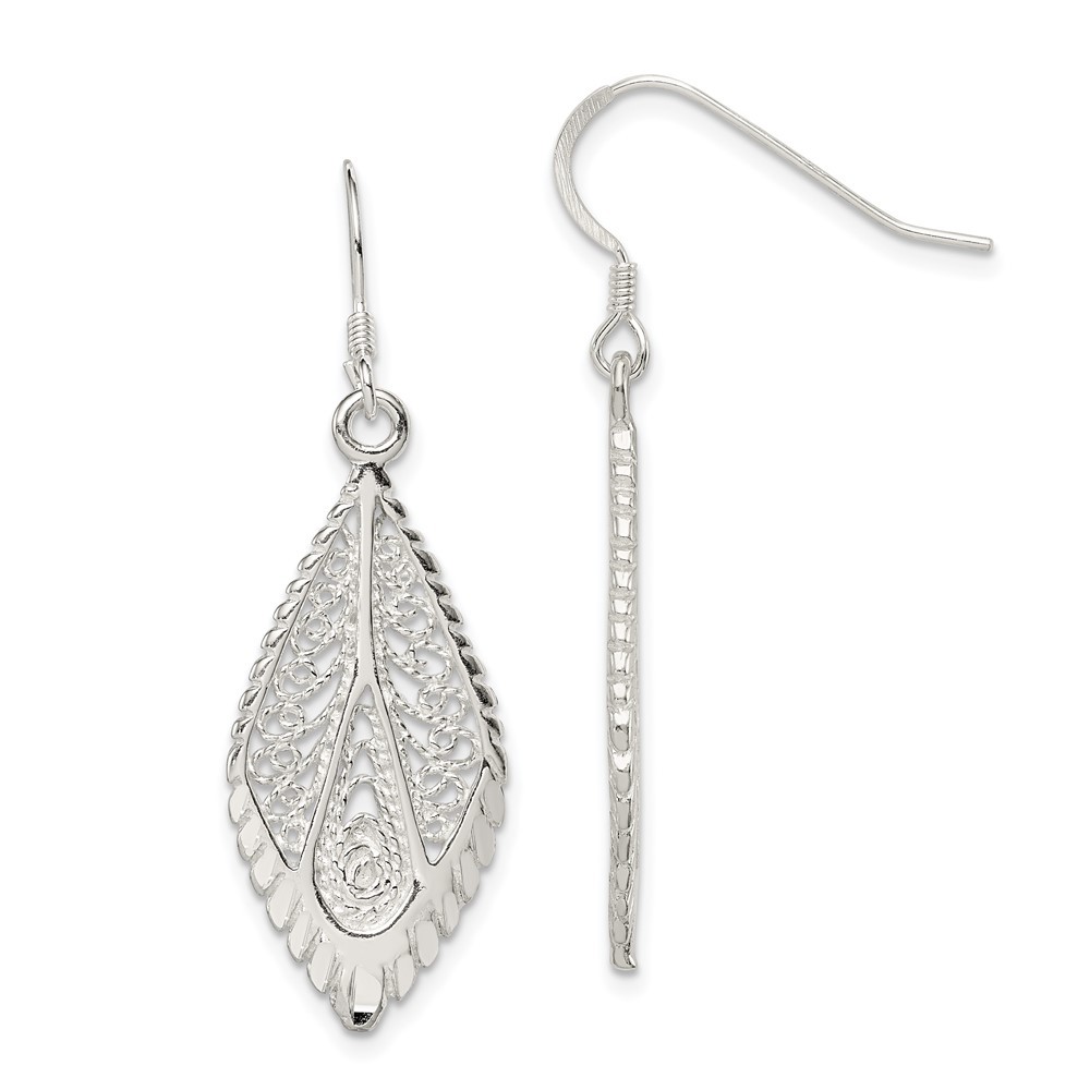 Sterling Silver Polished & Diamond-cut Filigree Teardrop Drop & Dangle Earrings