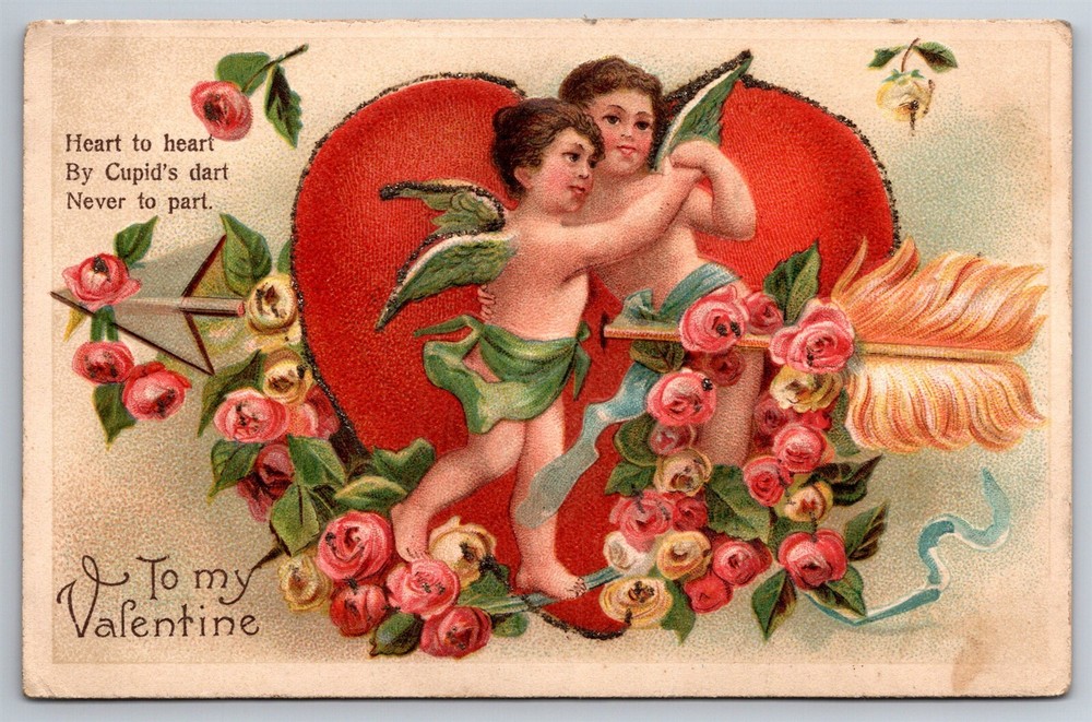 Vintage Cupid Heart Arrow Glitter Wings Embossed Postcard C1900s AC2