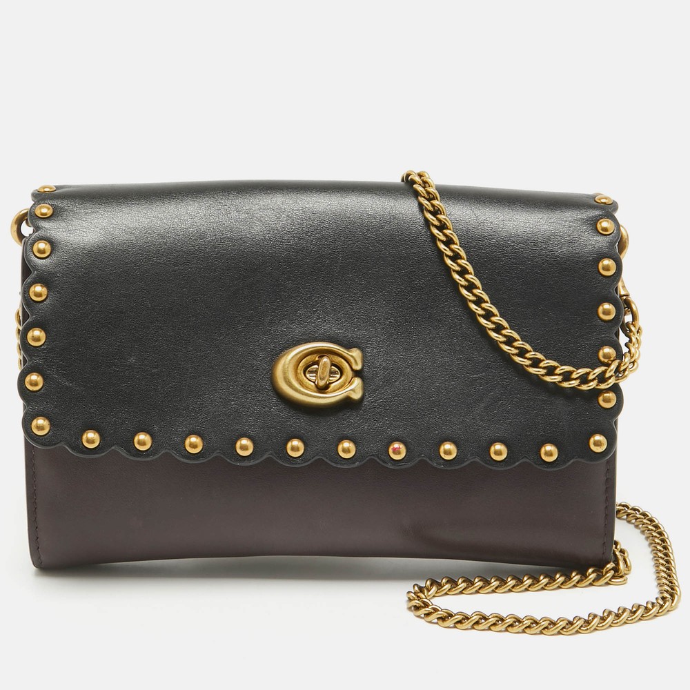Coach Black Burgundy Leather Studded Marlow Crossbody Bag with Scallop Detail