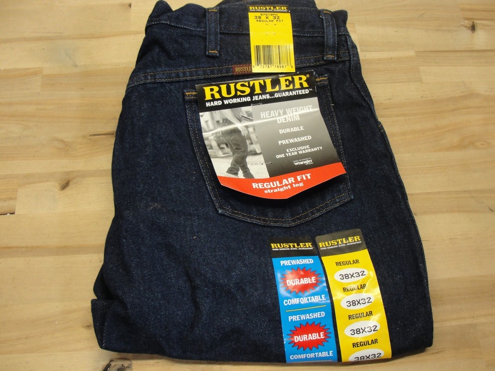 NEW NWT MEN'S RUSTLER REGULAR FIT STRAIGHT LEG BLUE JEANS 38 X 32