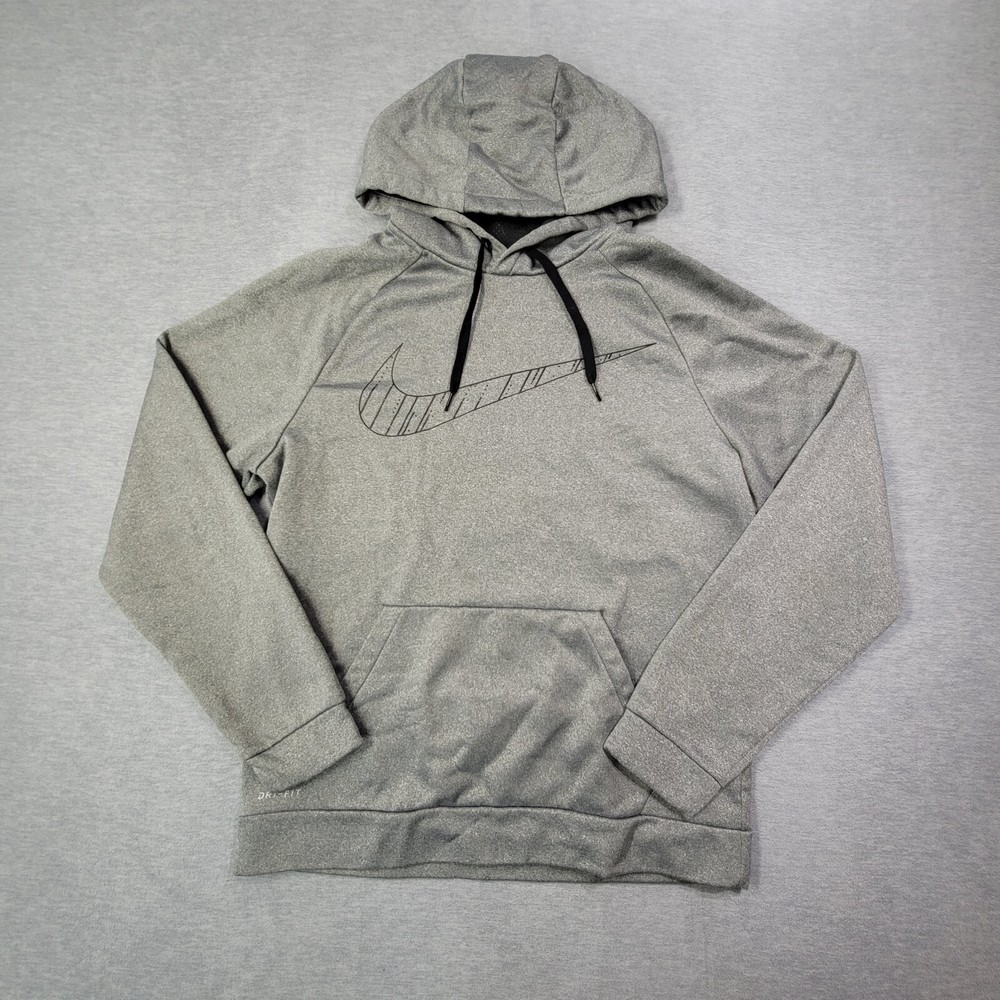 Nike Hoodie Mens Medium Gray Dri Fit Sweatshirt Drawstring Big Swoosh Logo