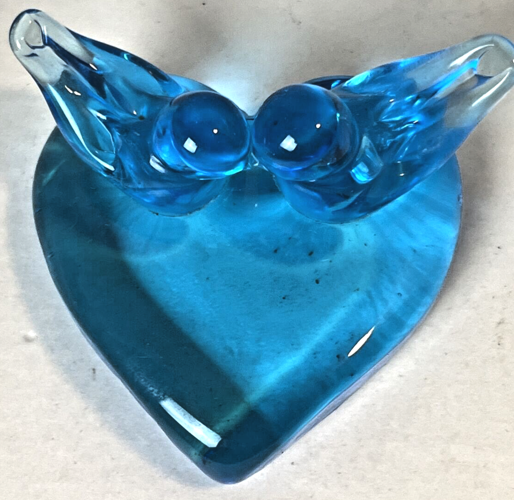 Ron Ray Signed Bluebirds Of Happiness Heart Pair Blue Glass Figurine 1992 Vtg