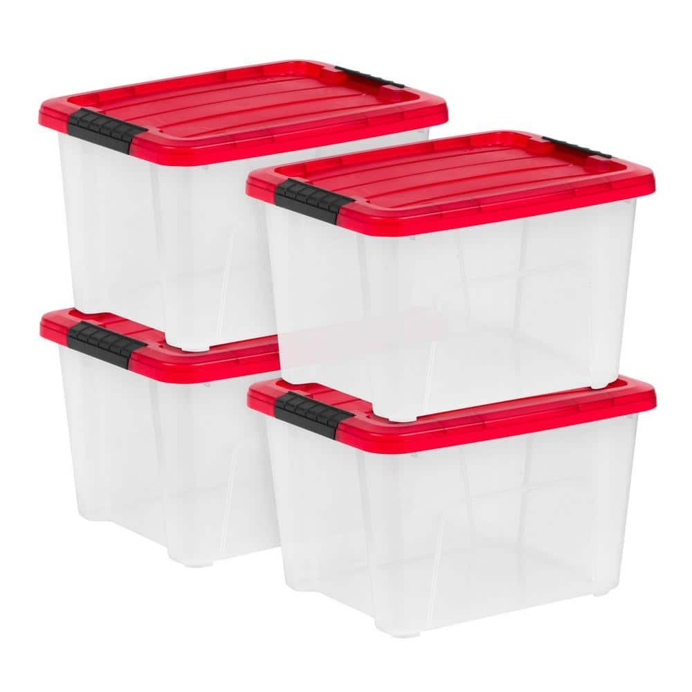20.5 Qt Clear/Red Stackable Storage Bins with Latches - 4-Pack