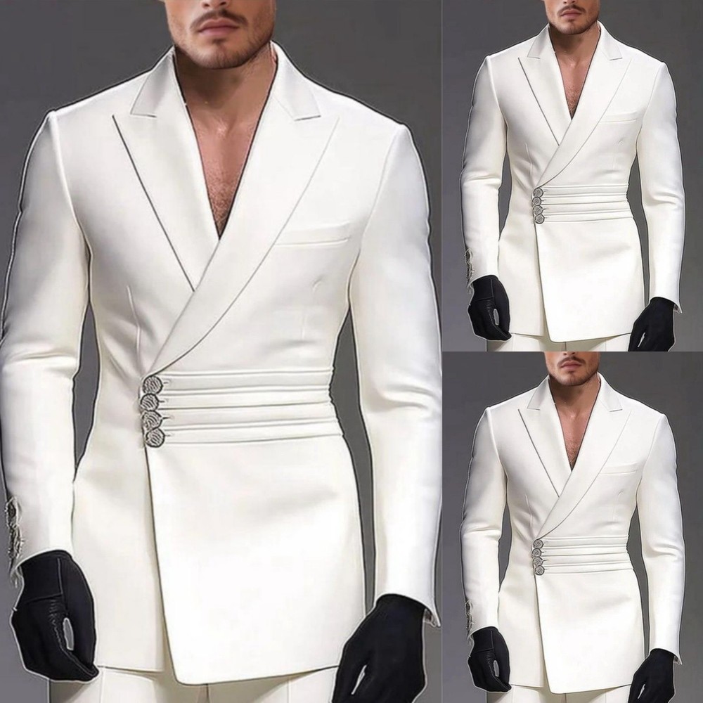 Fashion White Men's Suits Peak Lapel Formal Business Wedding Groom Tuxedo 2pcs