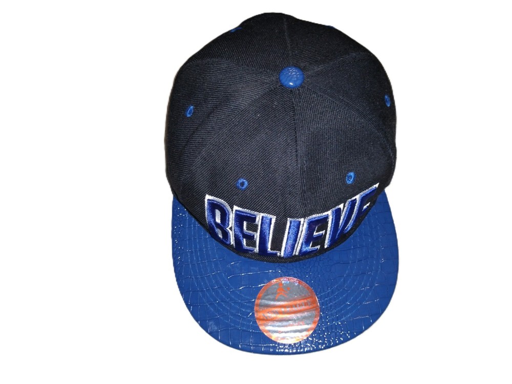 New League Snapback Believe Blue/Black Baseball Hat Shiny Vinyl Bill Adjustable