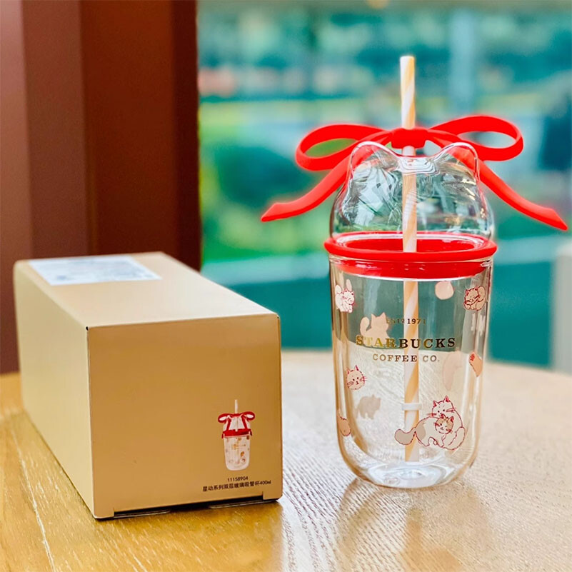 New 2024 Starbucks China Valentine's Day Double Glass Bow 13oz Straw Cup Tumbler