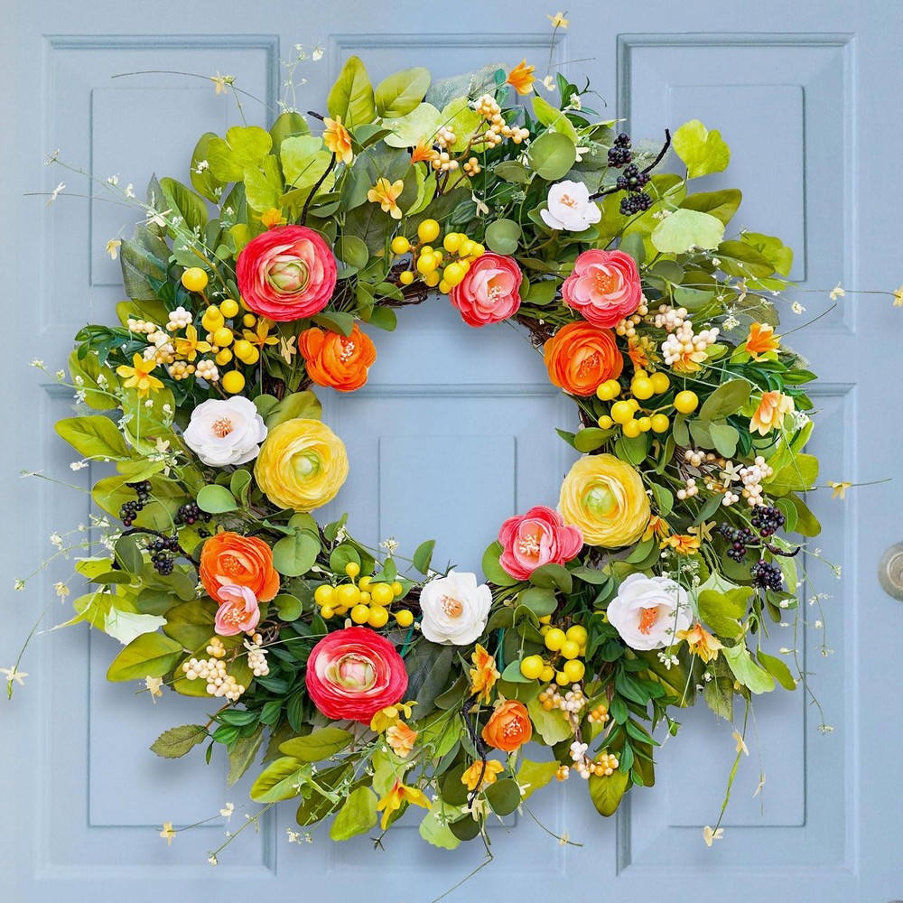 Spring Summer Peony Floral Wreath for Front Door Outdoor Decor