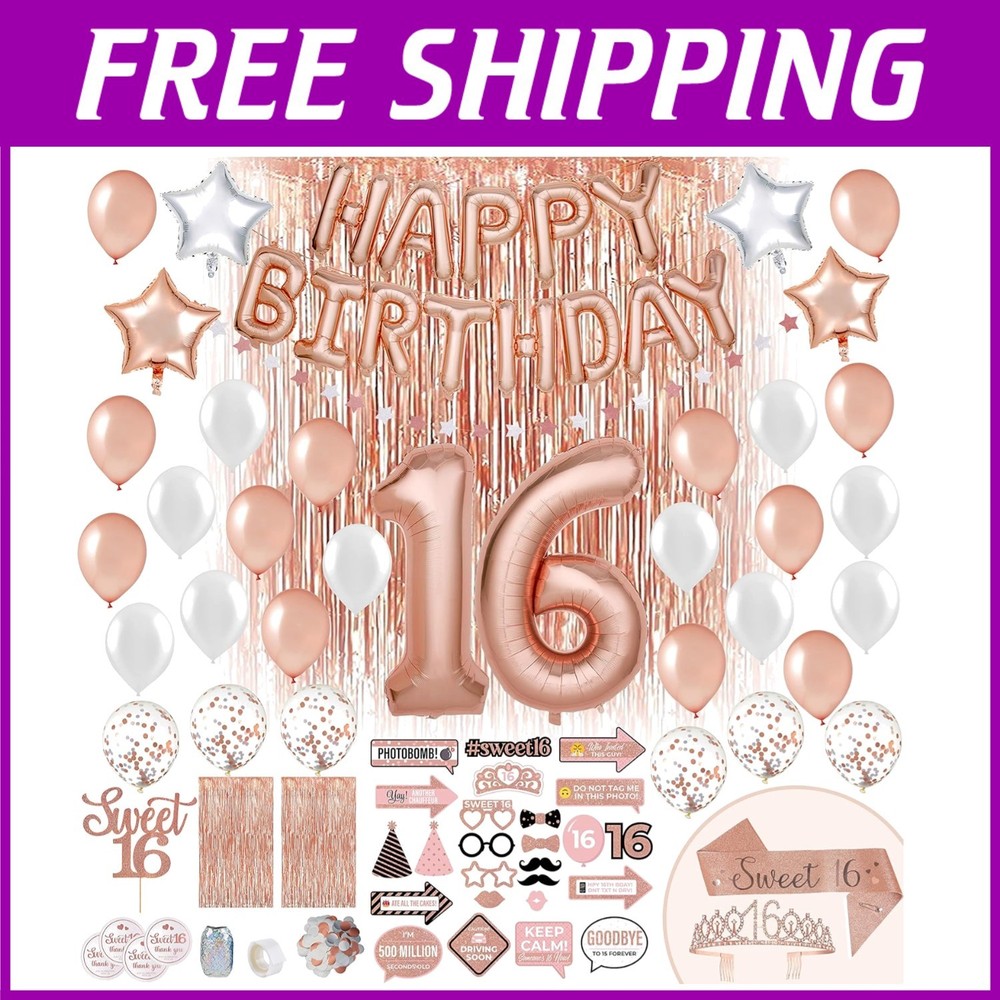 Rose Gold Sweet 16 Birthday Tiara Sash & Party Decor Set