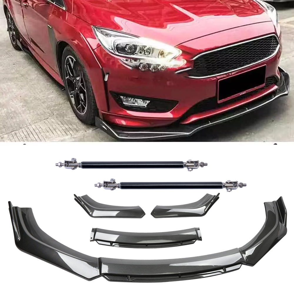 Carbon Fiber Black Front Bumper Lip Chin Body Kit For Ford Focus 10-18 Strut Rod