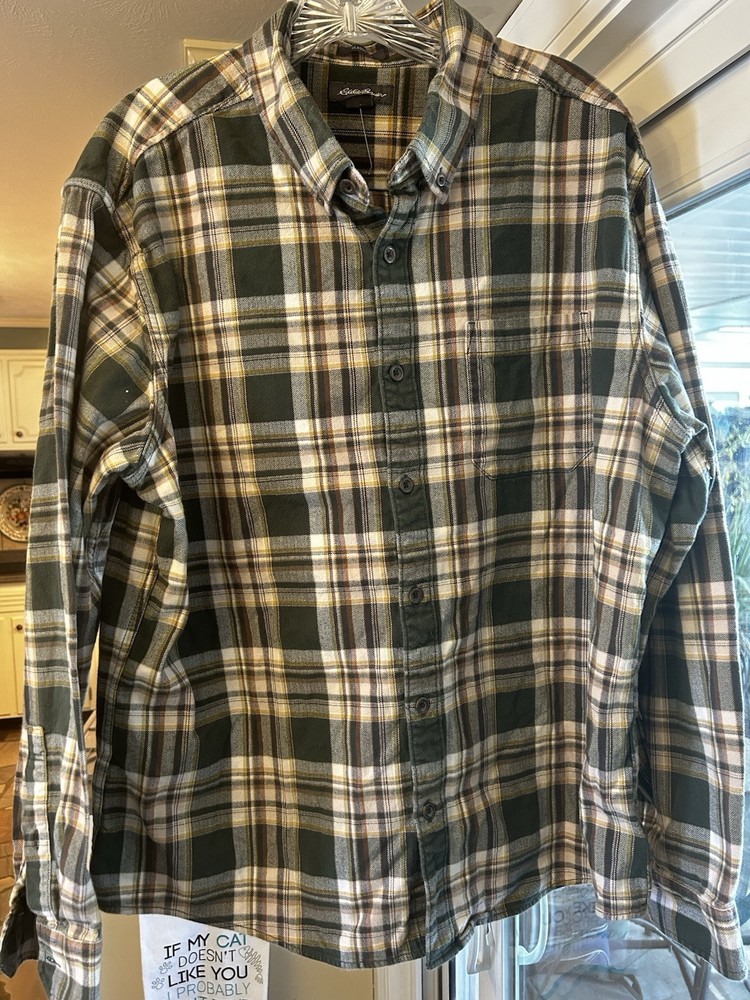 Eddie Bauer Men's Hunter Green Plaid Button Up Long Sleeve Flannel Shirt Size XL