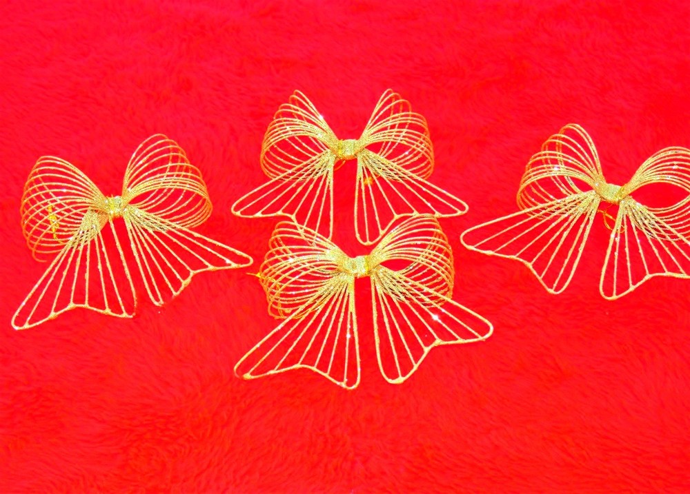 Set Of 4 Vintage Metal Wire Glittered Gold Tone Bows Christmas