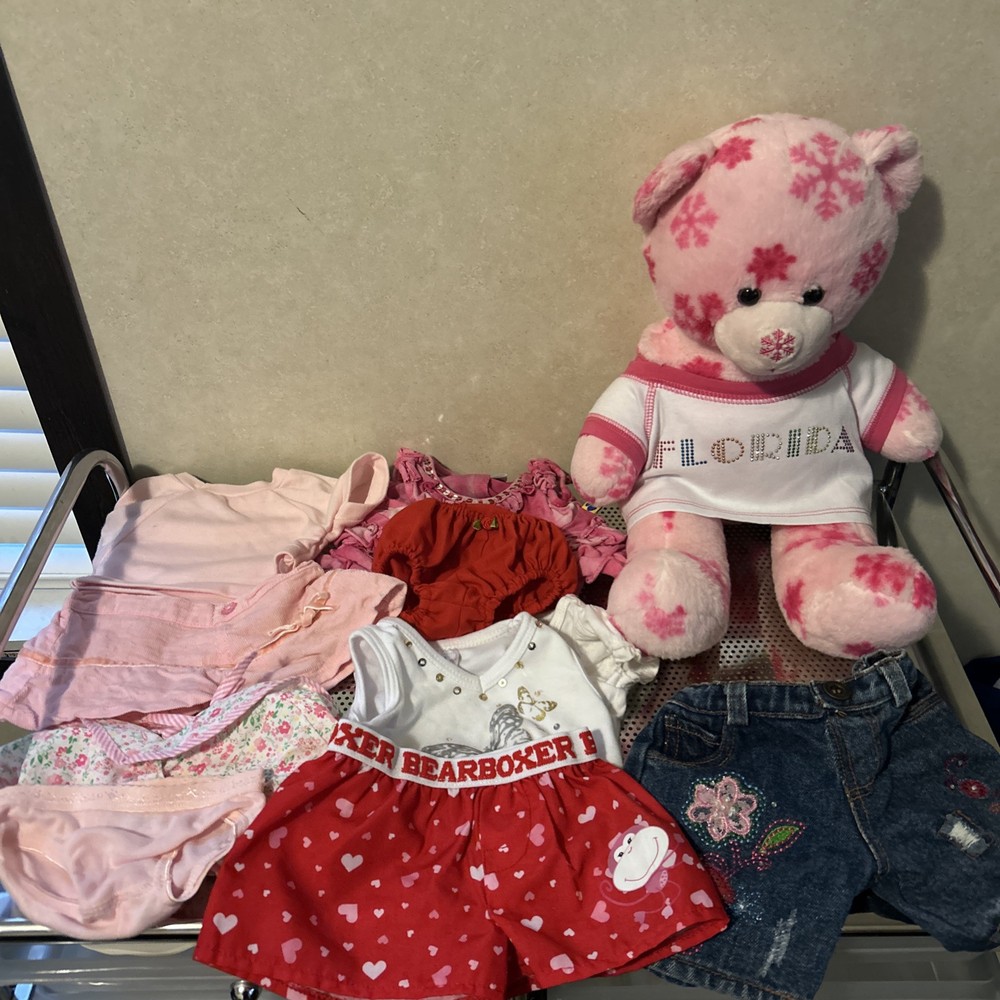Build-A-Bear Workshop Pink Bear Plush Stuffed Teddy With 10 Pcs Of Clothing