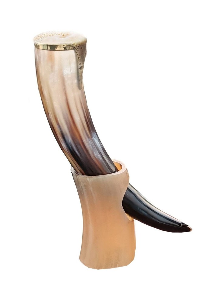 Viking-Style Ox Horn Drinking Mug with Stand for Beer Wine Mead