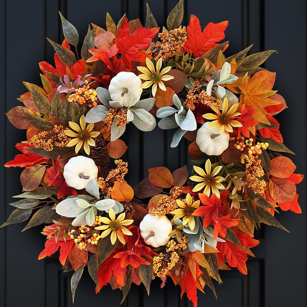 Fall Wreaths for Front Door Outside– 24 Inch Autumn Wreath with Red Maple Lea...