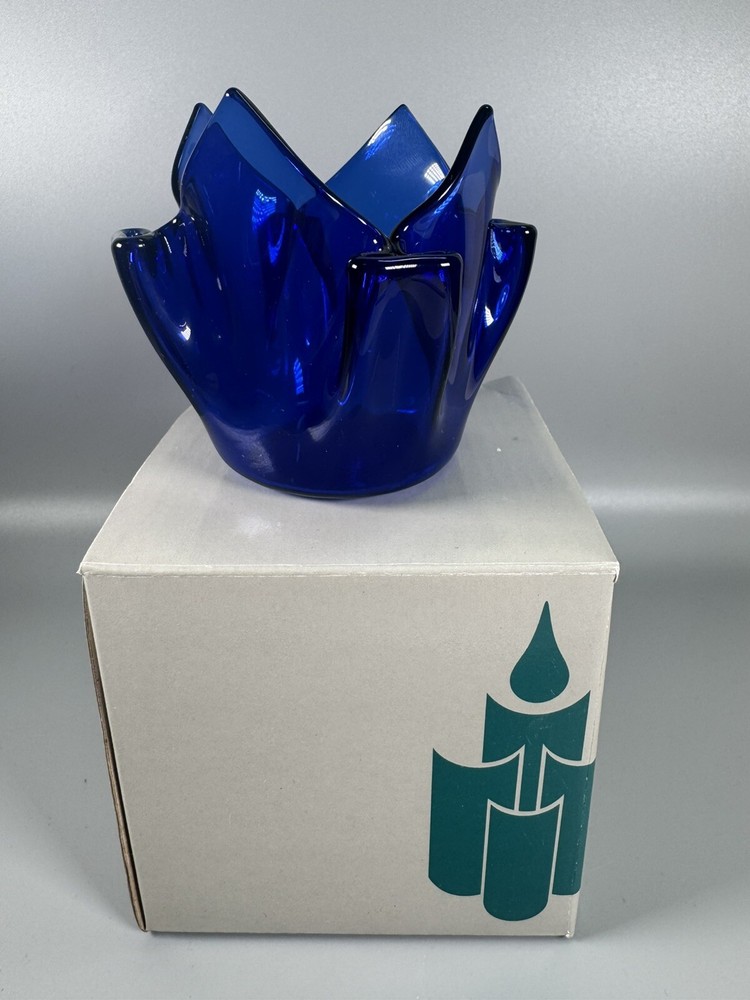 Partylite Cobalt Blue Crinkle Glass Candle Holder PO321 Sapphire   