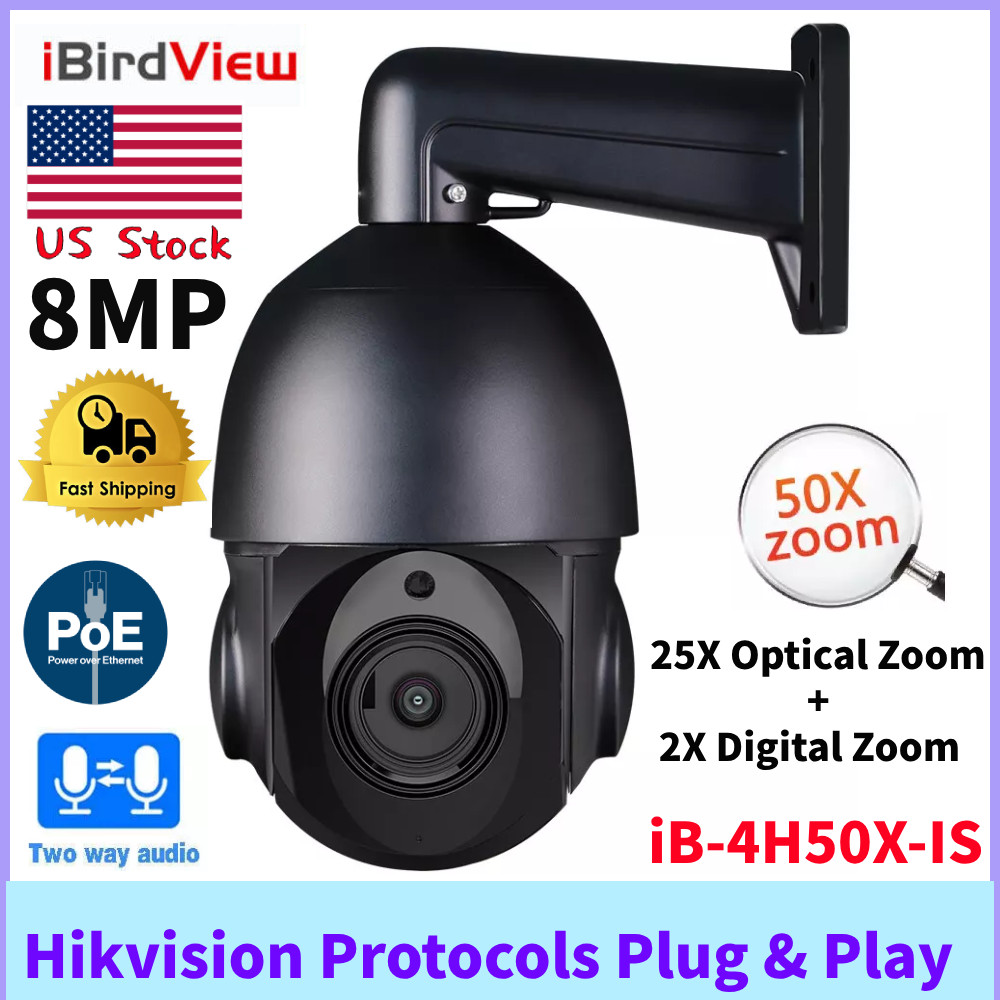 50X Zoom 4K 8MP POE PTZ IP Speed Dome Camera IR 2 Way Audio Auto Tracking Black