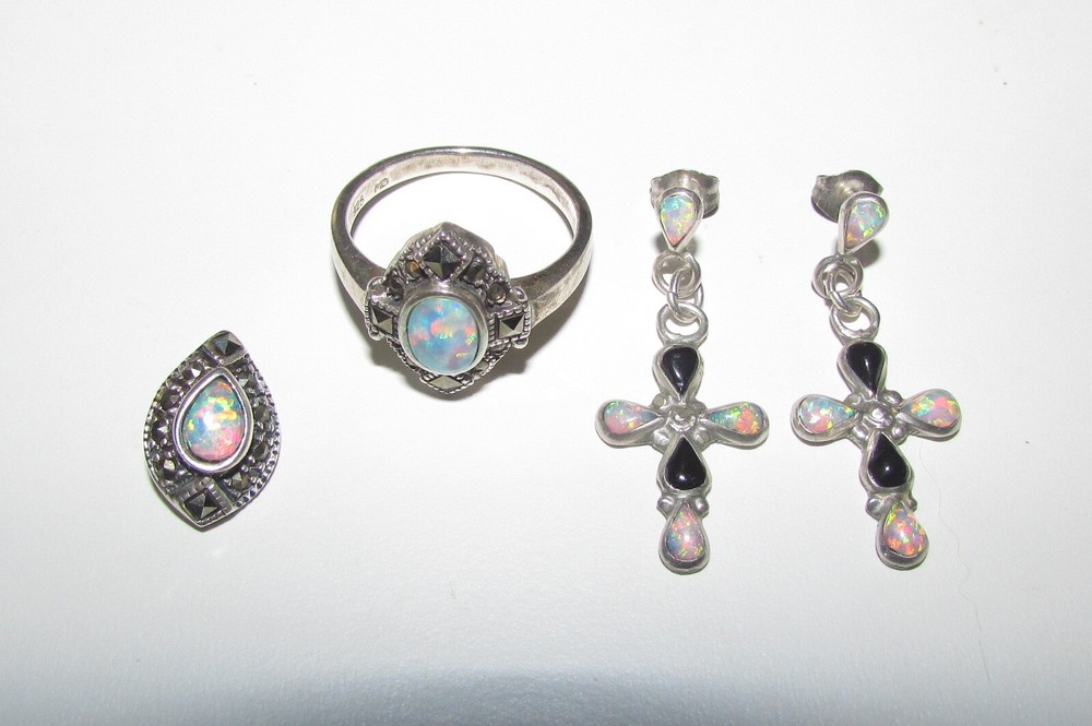 Fire Opal Marcasite Onyx Sterling Silver Jewelry Set Cross Earrings Ring Pendant