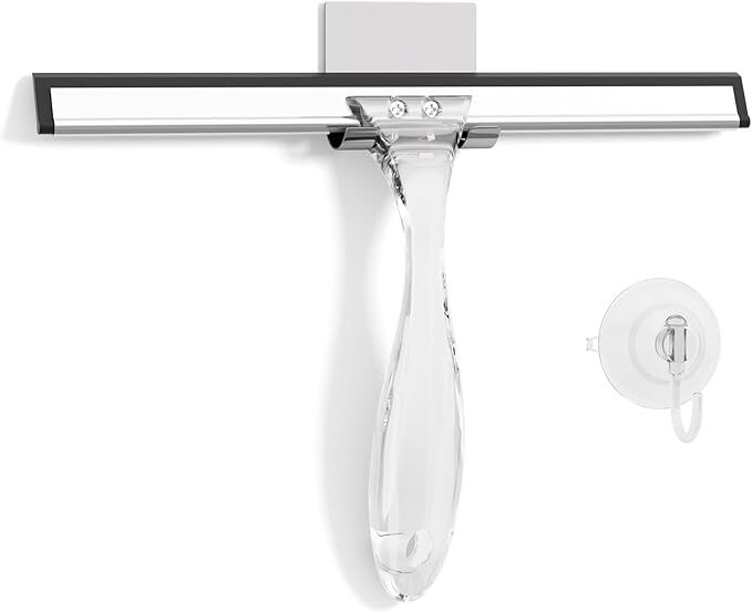 All-Purpose Stainless Steel Shower Squeegee for Glass Doors with Adhesive Hooks