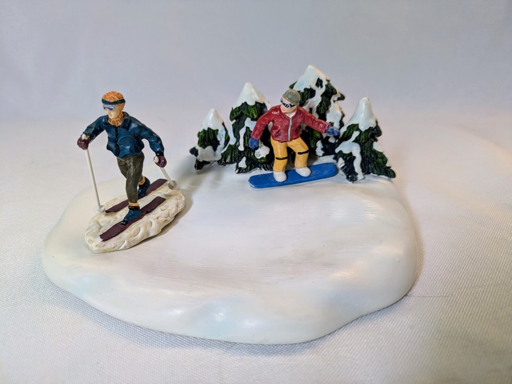 Christmas Village Skier and Snowboarder Figure Set with Platform