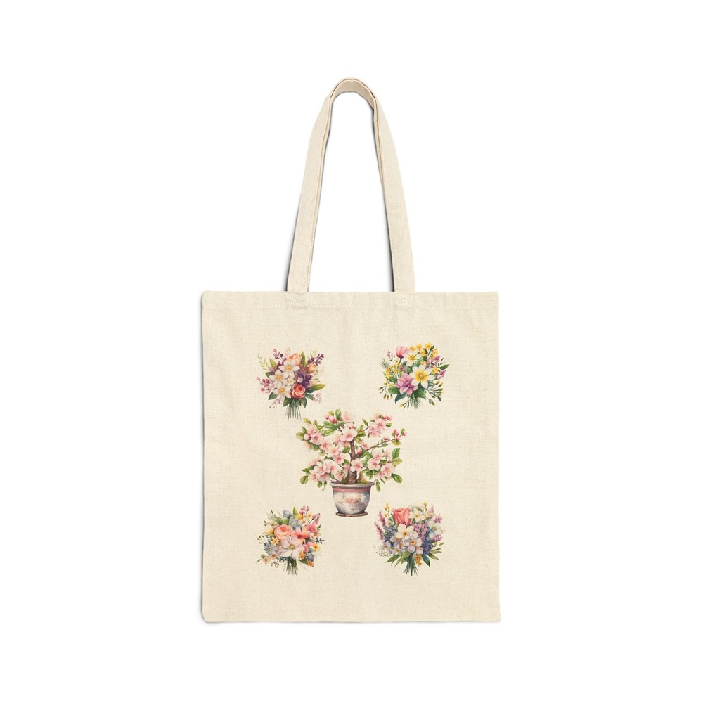 Spring Floral Cotton Canvas Tote Bag - Eco Friendly 15x16 Reusable Shopping Bag