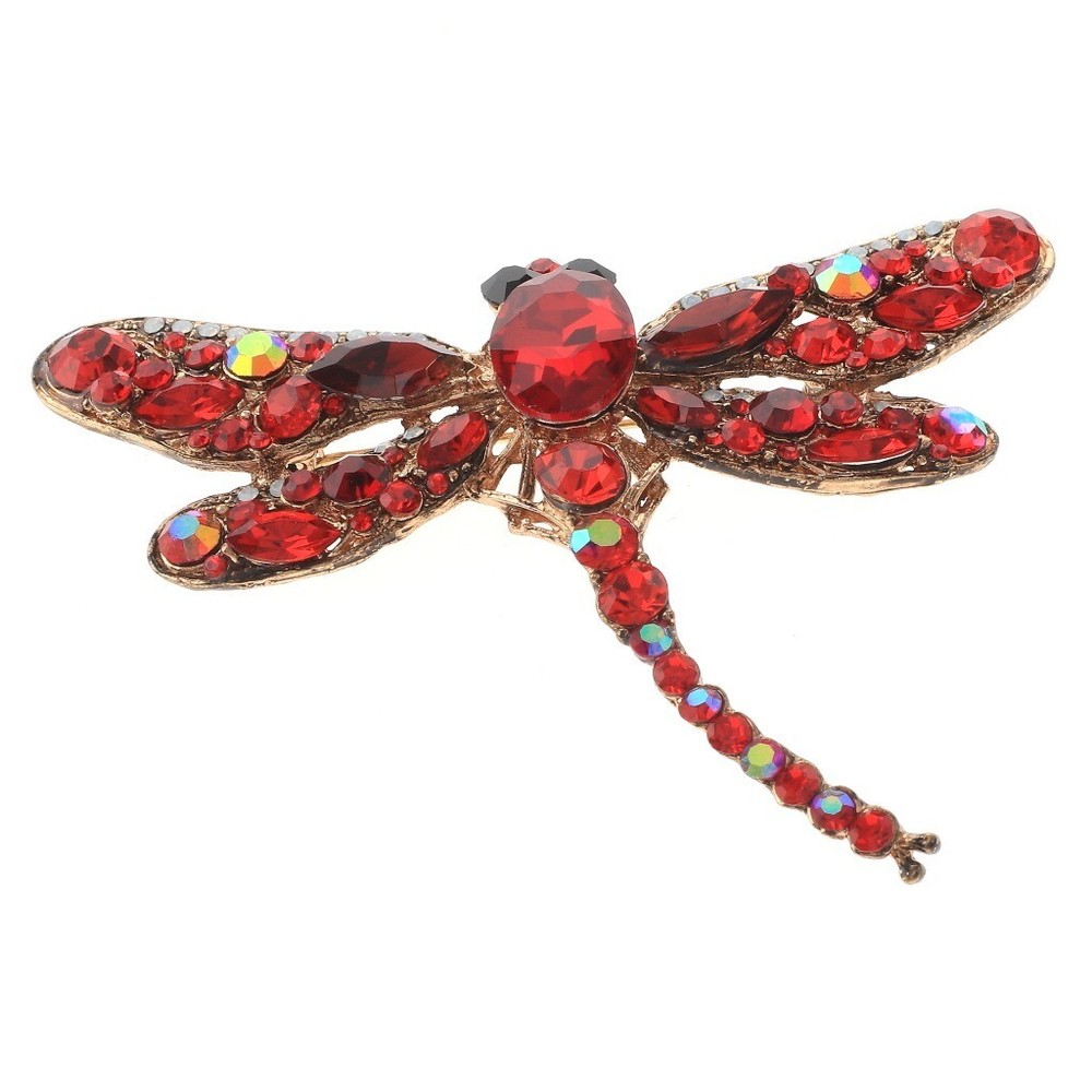 Gold Tone Metal Large Crystal Dragonfly Brooch P1345-RED