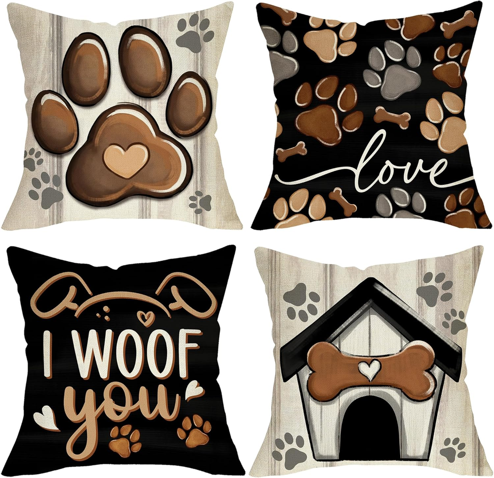 Dog Paw Print Home Decorative Throw Pillow Covers 18 X 18 Set of 4, Black Dog Ho
