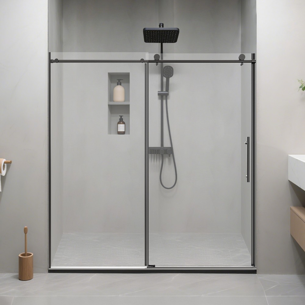 68-72W x 76H Frameless Sliding Shower Door with 3/8 Inch Tempered Clear Glass in Black Finish