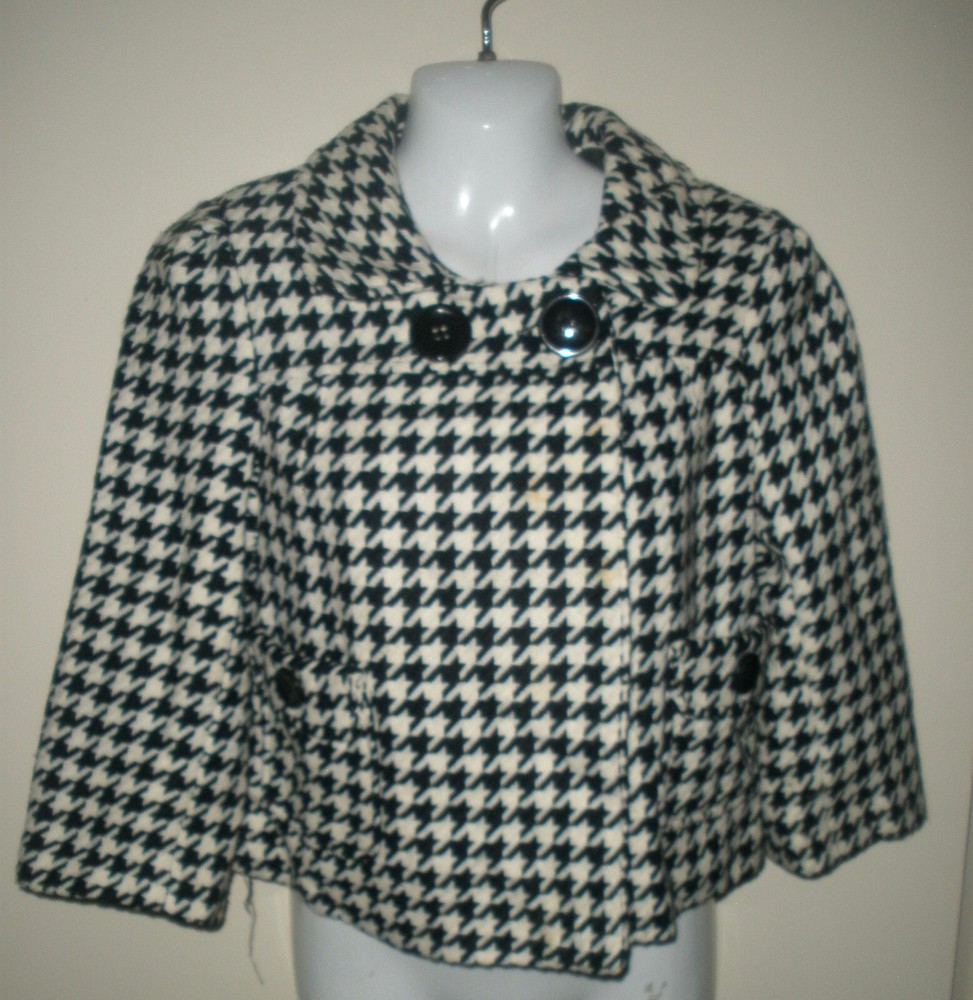 #838 Last Kiss Houndstooth Cropped Open Jacket Women's L Black White Lined