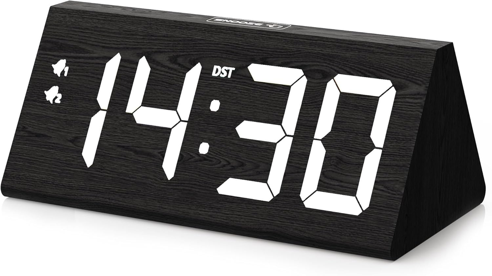 Wooden Digital Alarm Clock with Dual USB Charging Ports, DST, Dimmable, Snooze,