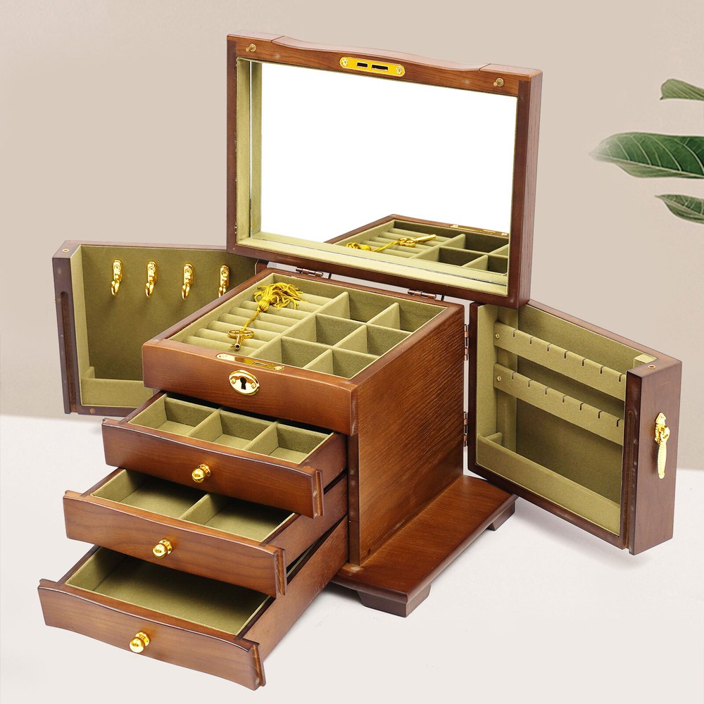 Vintage Large Wooden Jewelry Organizer Box Necklace Rings Bracelet Storage Case
