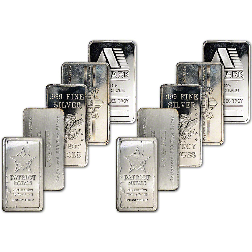 TEN (10) 10 oz. Silver Bar - Random Brand - Secondary Market - .999 Fine