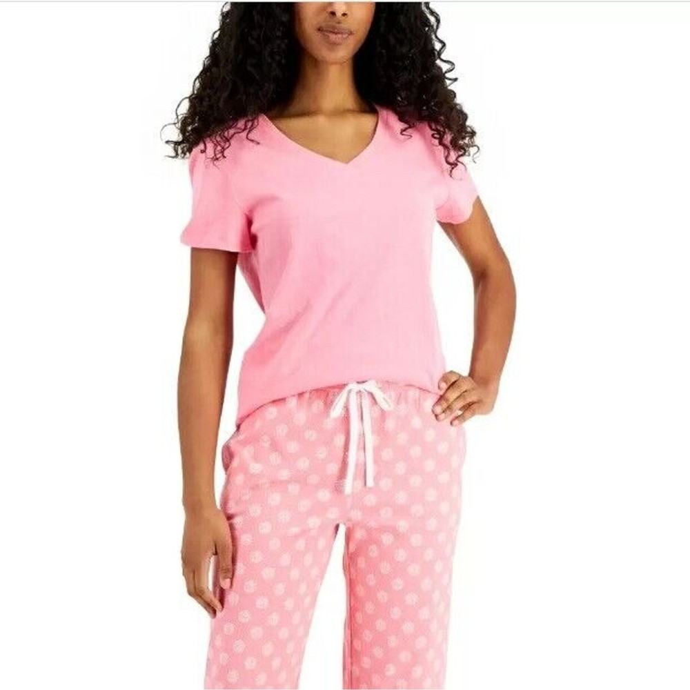Charter Club Women Pink Everyday Cotton Relaxed V-Neck Pajama T-Shirt Size XS