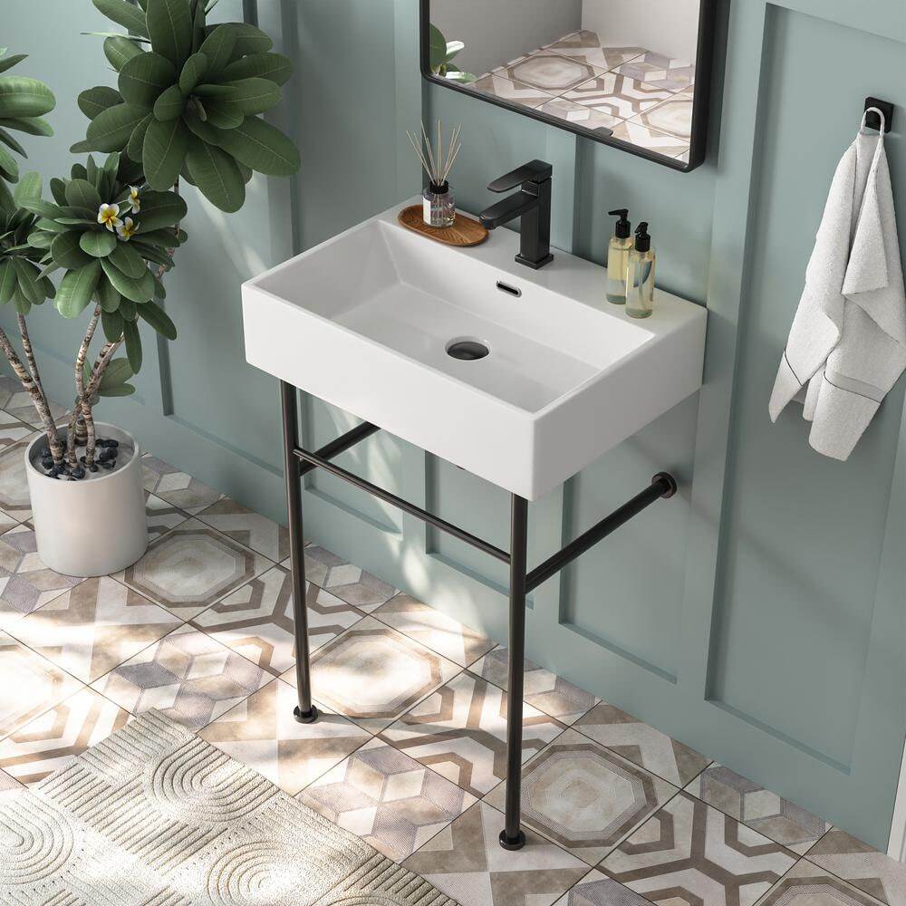 24in.Ceramic White Rectangular Bathroom Console Sink w/Black Legs and Overflow
