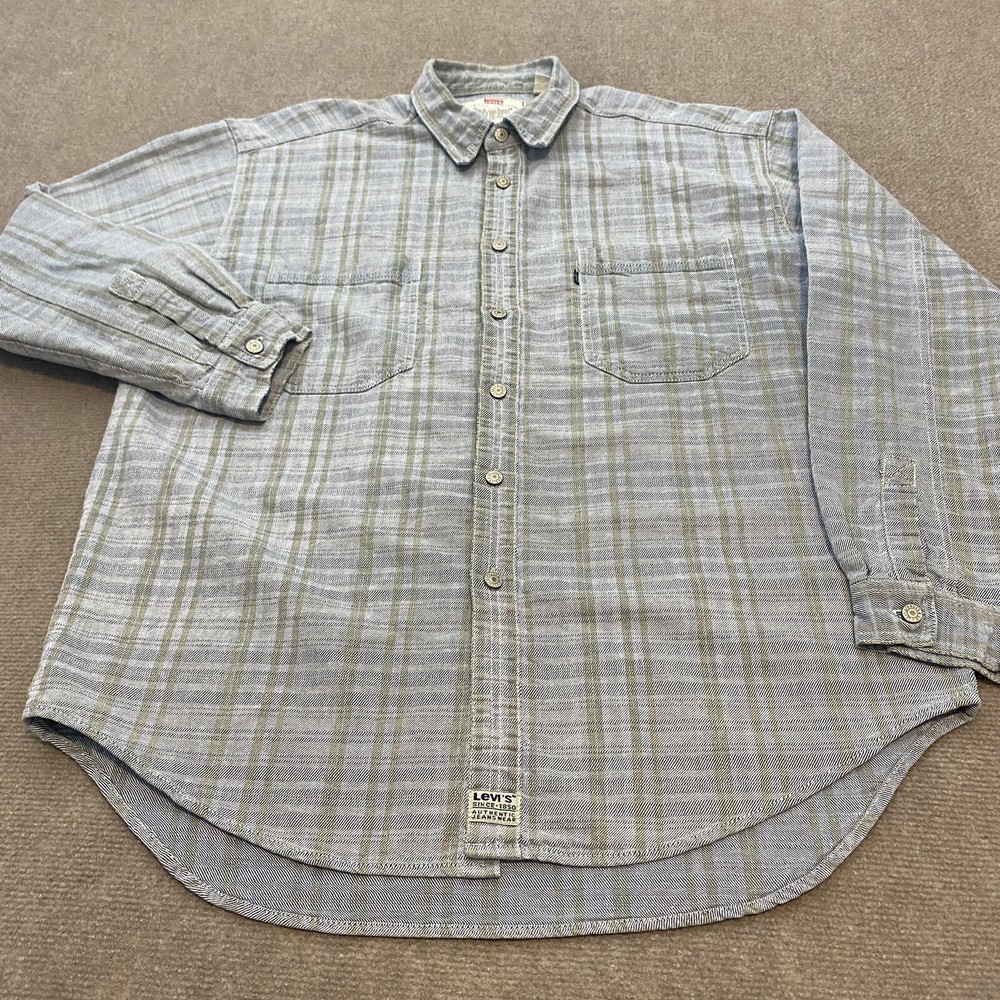 Vintage Levi's Denim Shirt Mens Extra Large Blue Gray Plaid Long Sleeve Pockets
