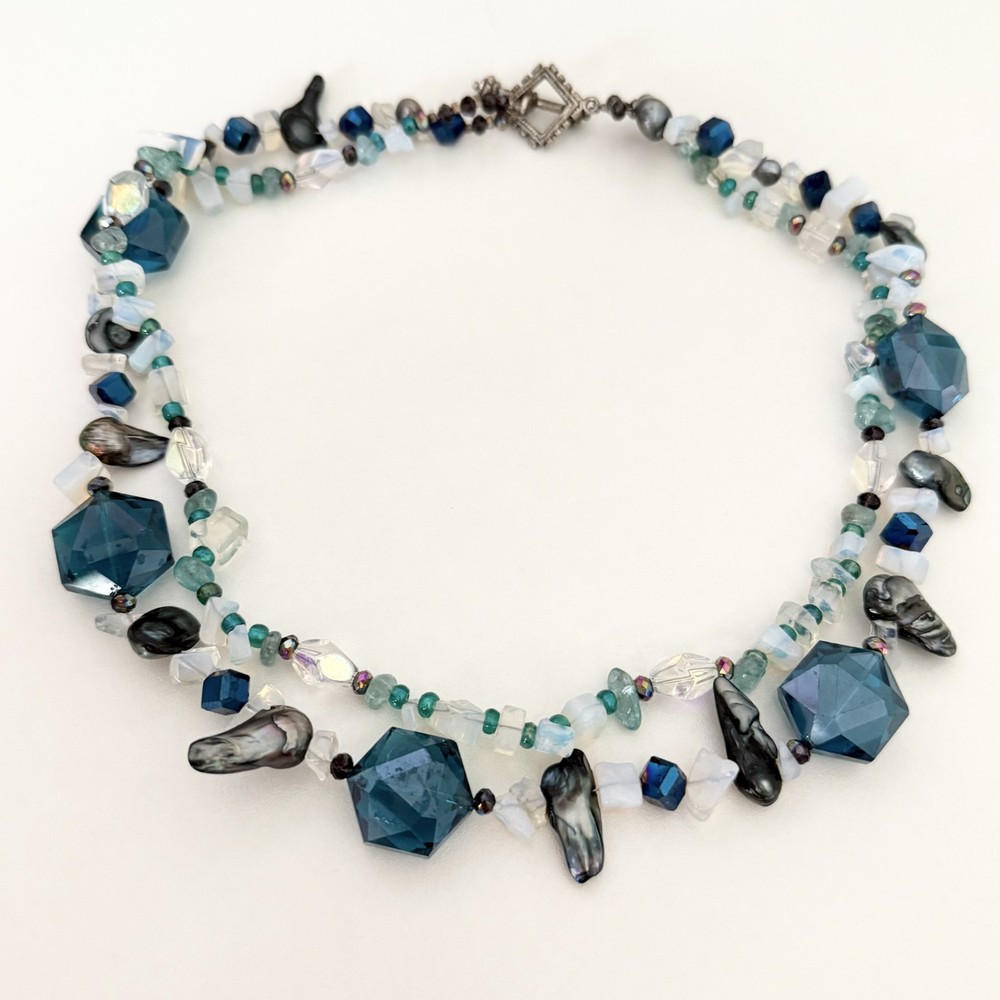 Vintage Faceted Blue Crystal & Opalite Double Strand Abalone Statement Necklace