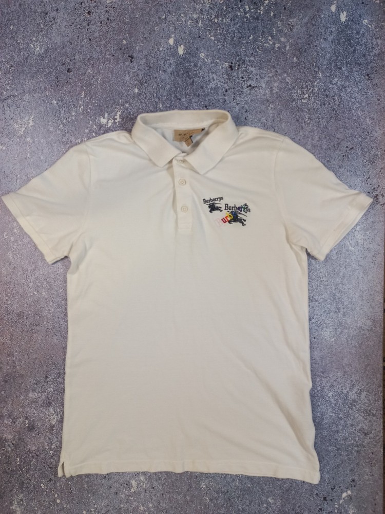 Authentic Burberry White Polo Shirt Size S – Racing Logo Embroidery-Rare Design