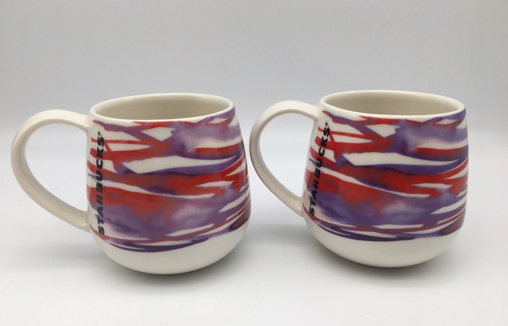 Starbucks 2016 Watercolor Coffee Mugs Ceramic 12oz Red Purple Abstract Set Of 2
