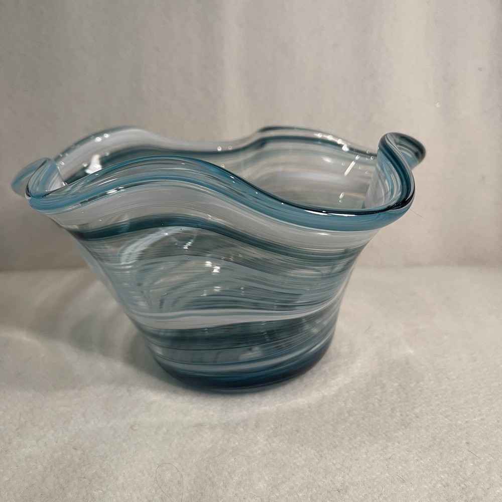Hand Blown Art Glass Bowl Blue White Green Wavy Pattern Ruffled Rim