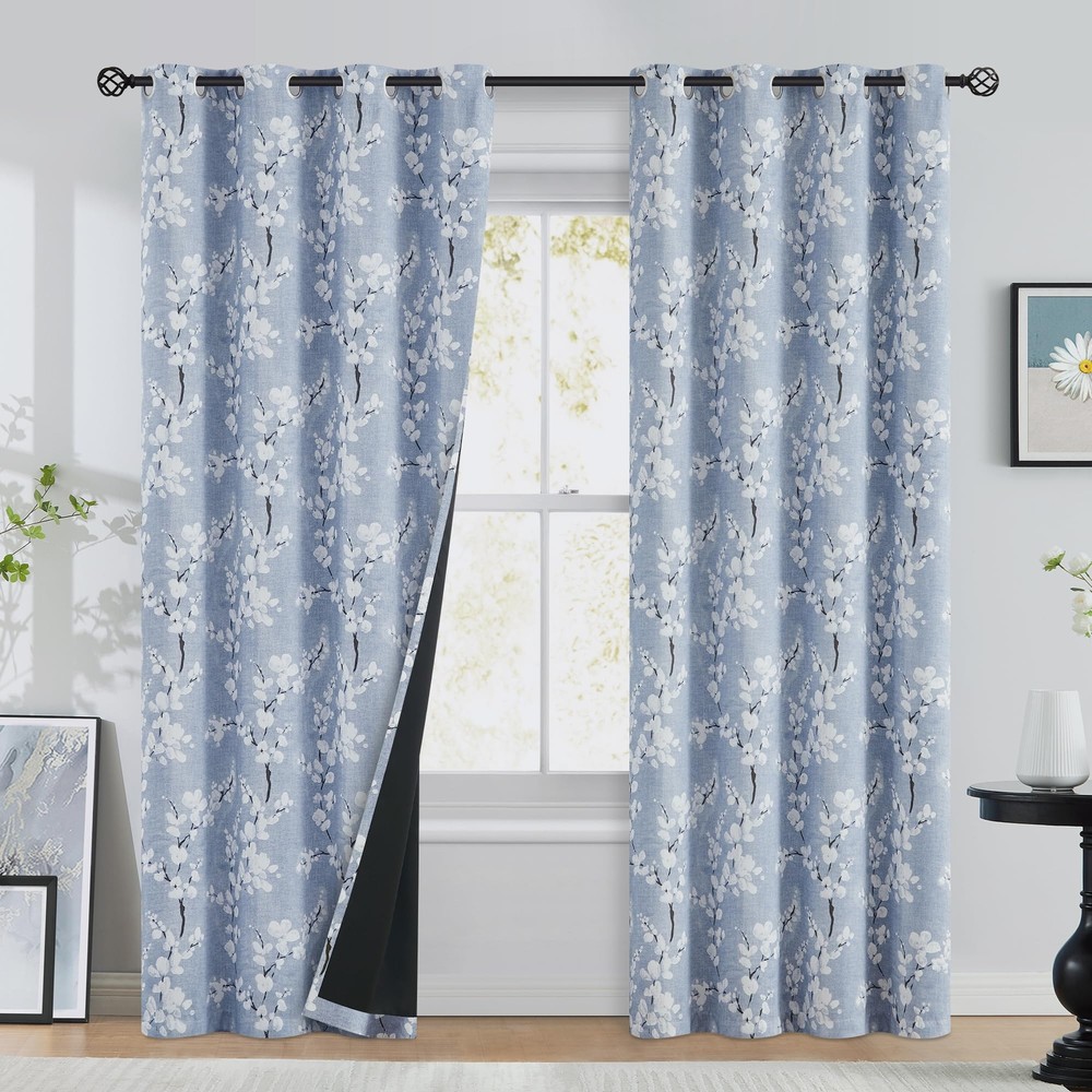 FMFUNCTEX 100% Blackout Floral Blue Curtains 84 Inch Length for Bedroom