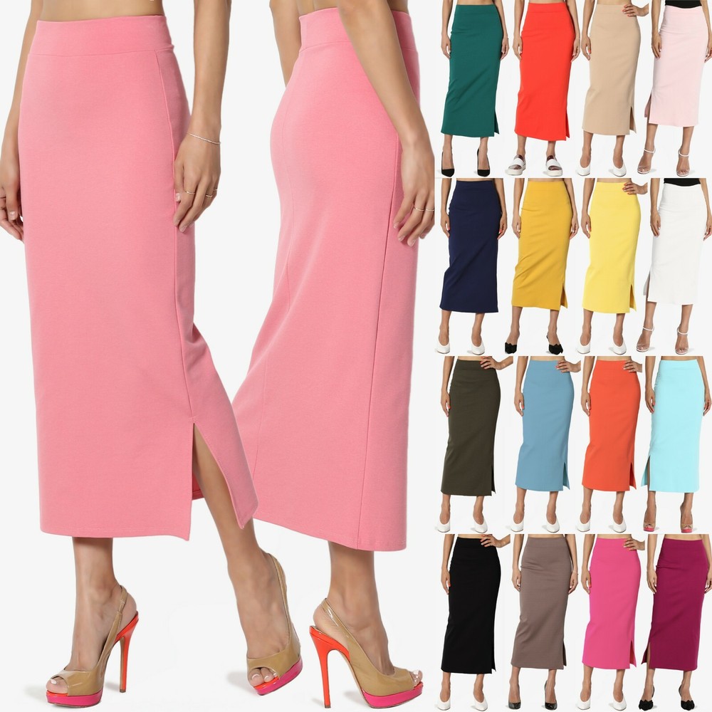 TheMogan Womens Side Slit High Waist Stretch Knit Mid Calf Long Pencil Skirt