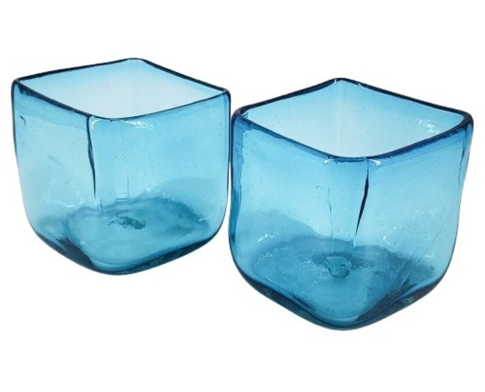 Vintage Mexican Teal Blue Blown Glass Votive Holder Pair