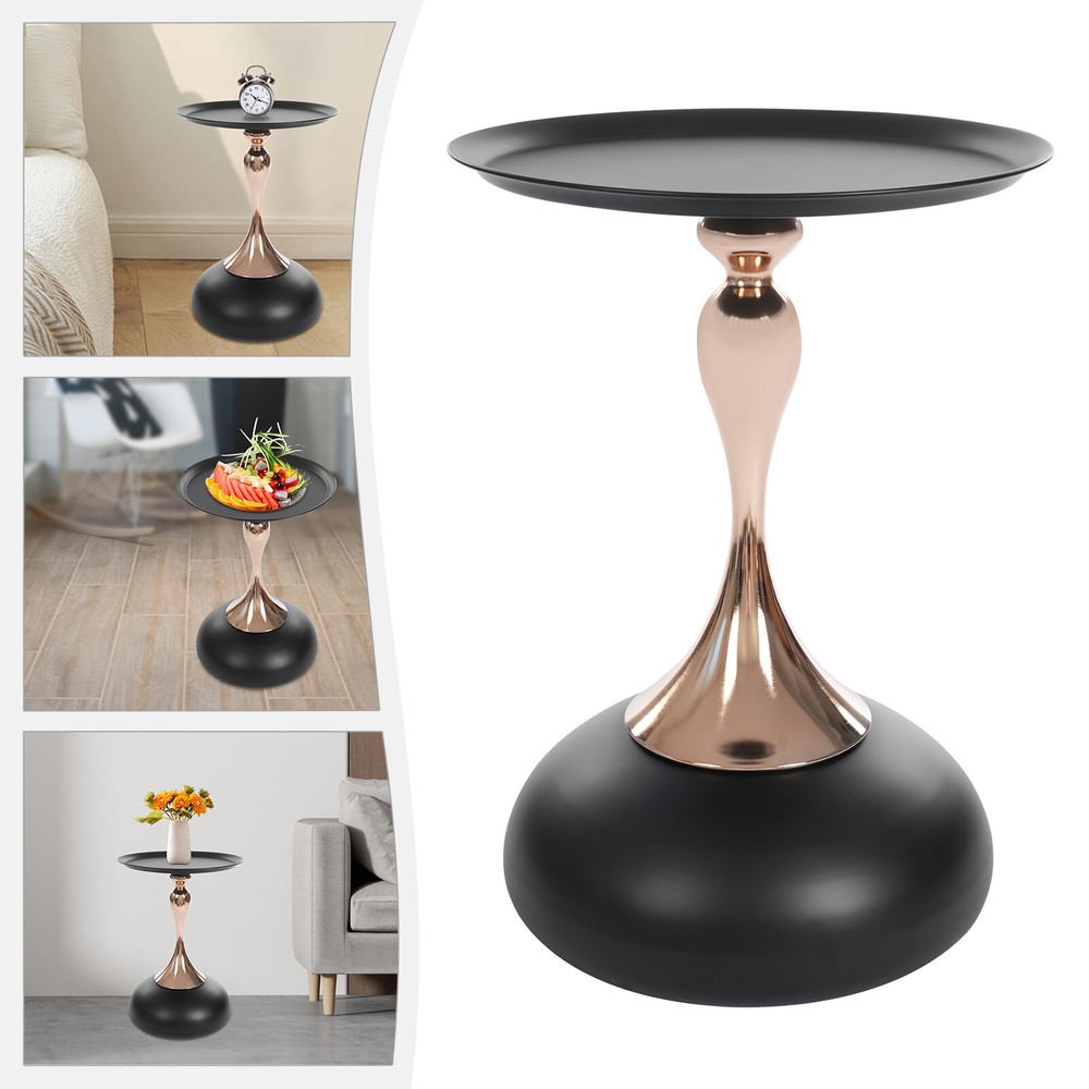 Black Round Metal End Table with Large Tray for Living Room or Yard