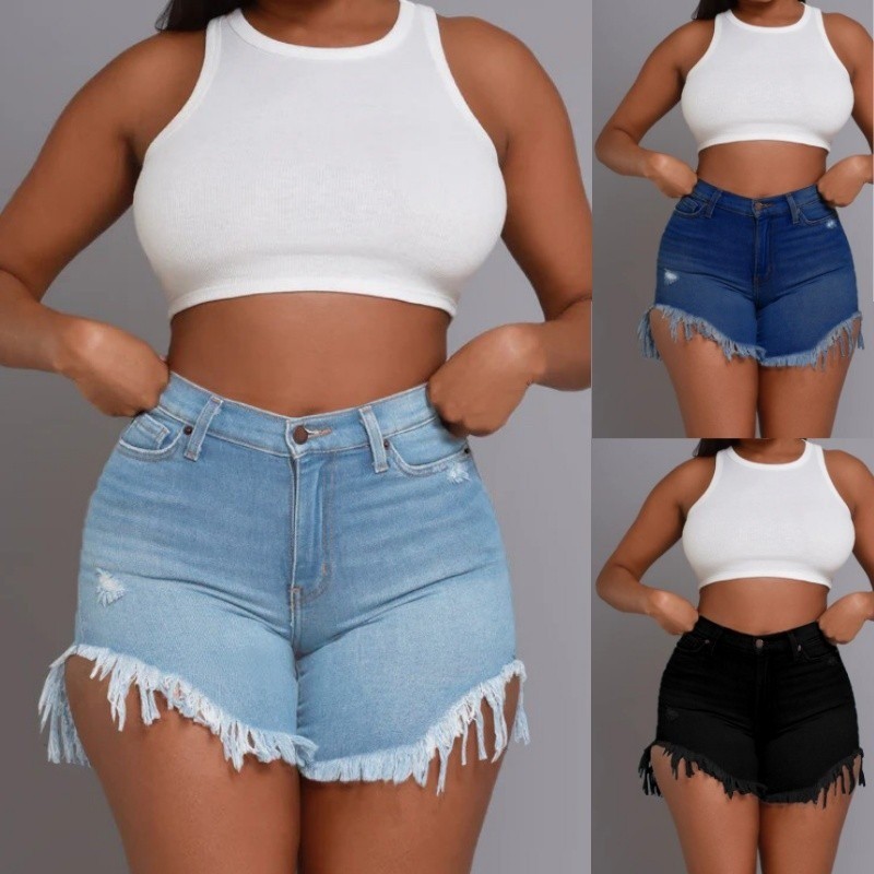 Womens Casual Denim Shorts Ripped Frayed Raw Hem Jean for High Waisted Stretchy