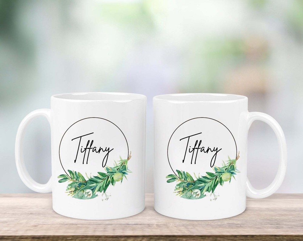 Personalised Name Mug Custom Name Mug Greenery Wreath Design Mug Birthday Gift