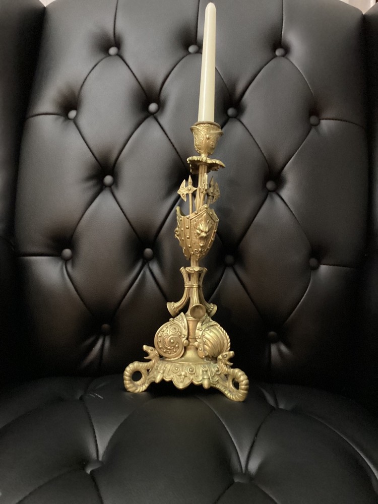 Antique Brass Ornate Candlestick Holder – Gothic Revival Style – Decorative Shie