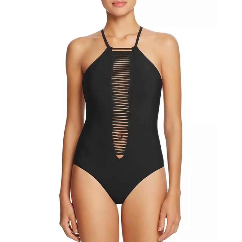 Red Carter Women Black Strappy Plunge Mio High Neck One Piece Swimsuit Size S