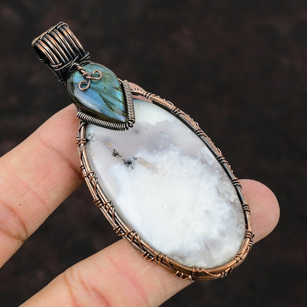 New Year Deal Copper Oval Natural Dendrite Opal Labradorite Wire Wrapped Pendant